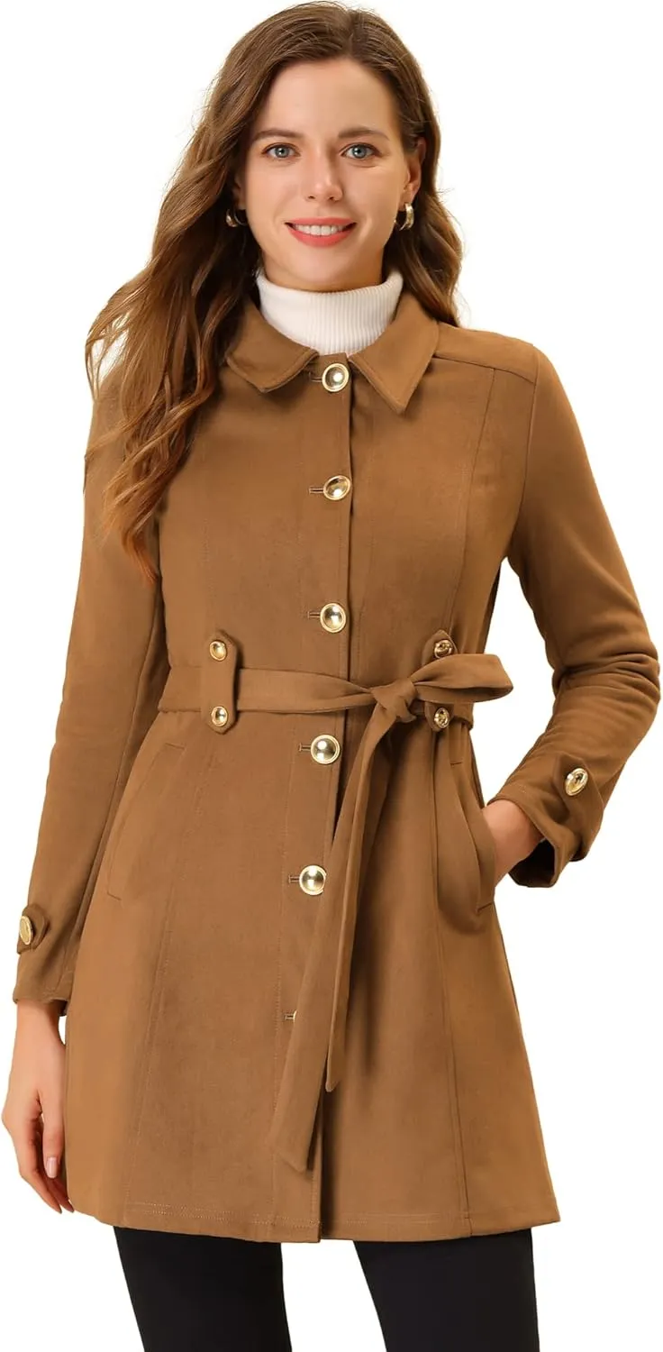 Allegra K Women's Faux Suede Coats Single Breasted Belted Vintage Fall Winter Trench Coat