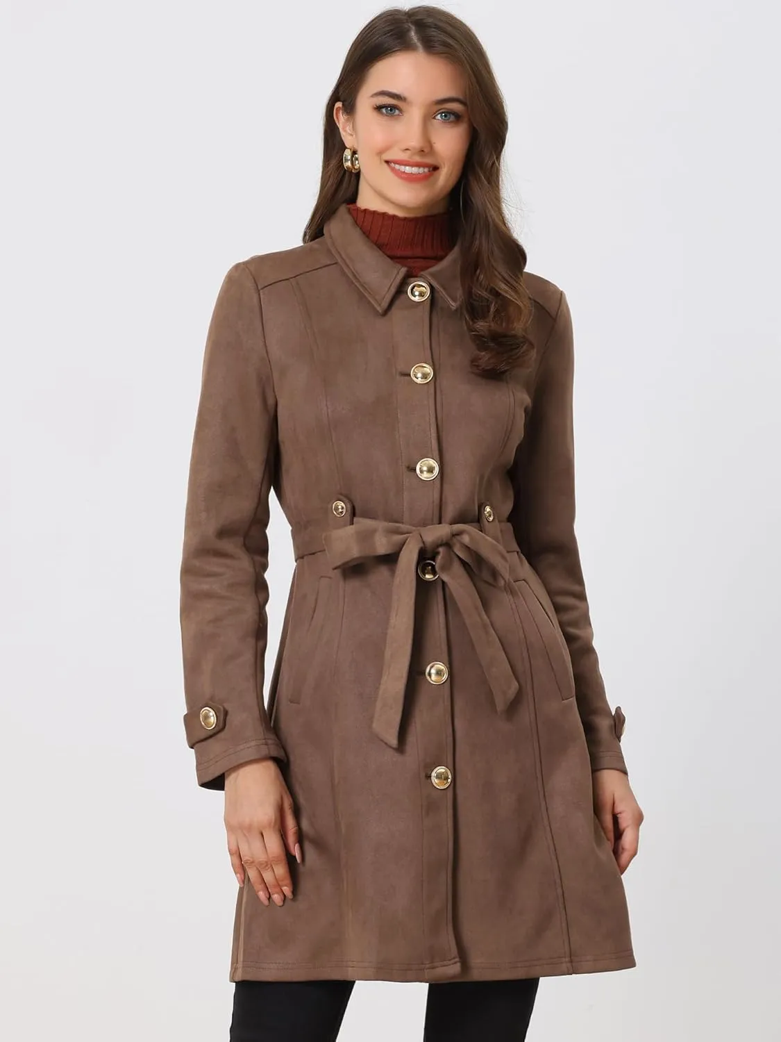 Allegra K Women's Faux Suede Coats Single Breasted Belted Vintage Fall Winter Trench Coat