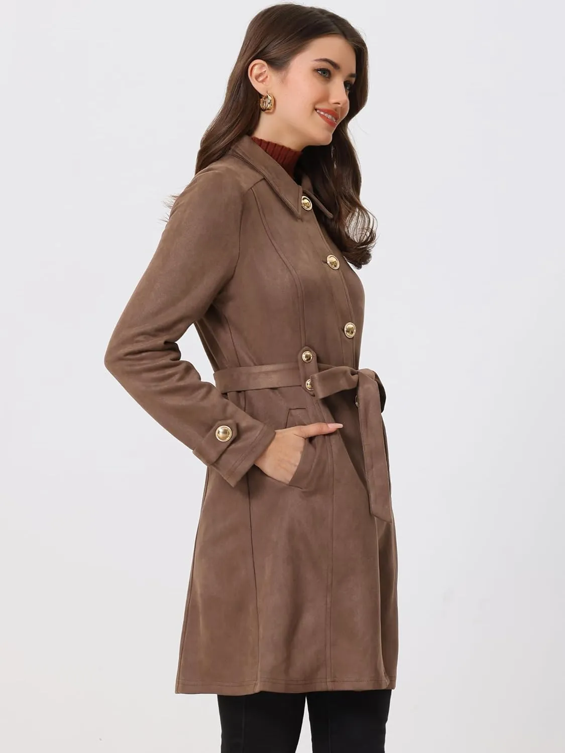 Allegra K Women's Faux Suede Coats Single Breasted Belted Vintage Fall Winter Trench Coat