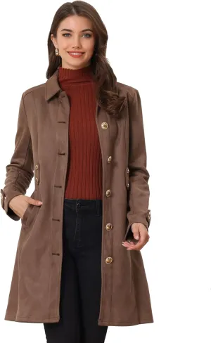 Allegra K Women's Faux Suede Coats Single Breasted Belted Vintage Fall Winter Trench Coat