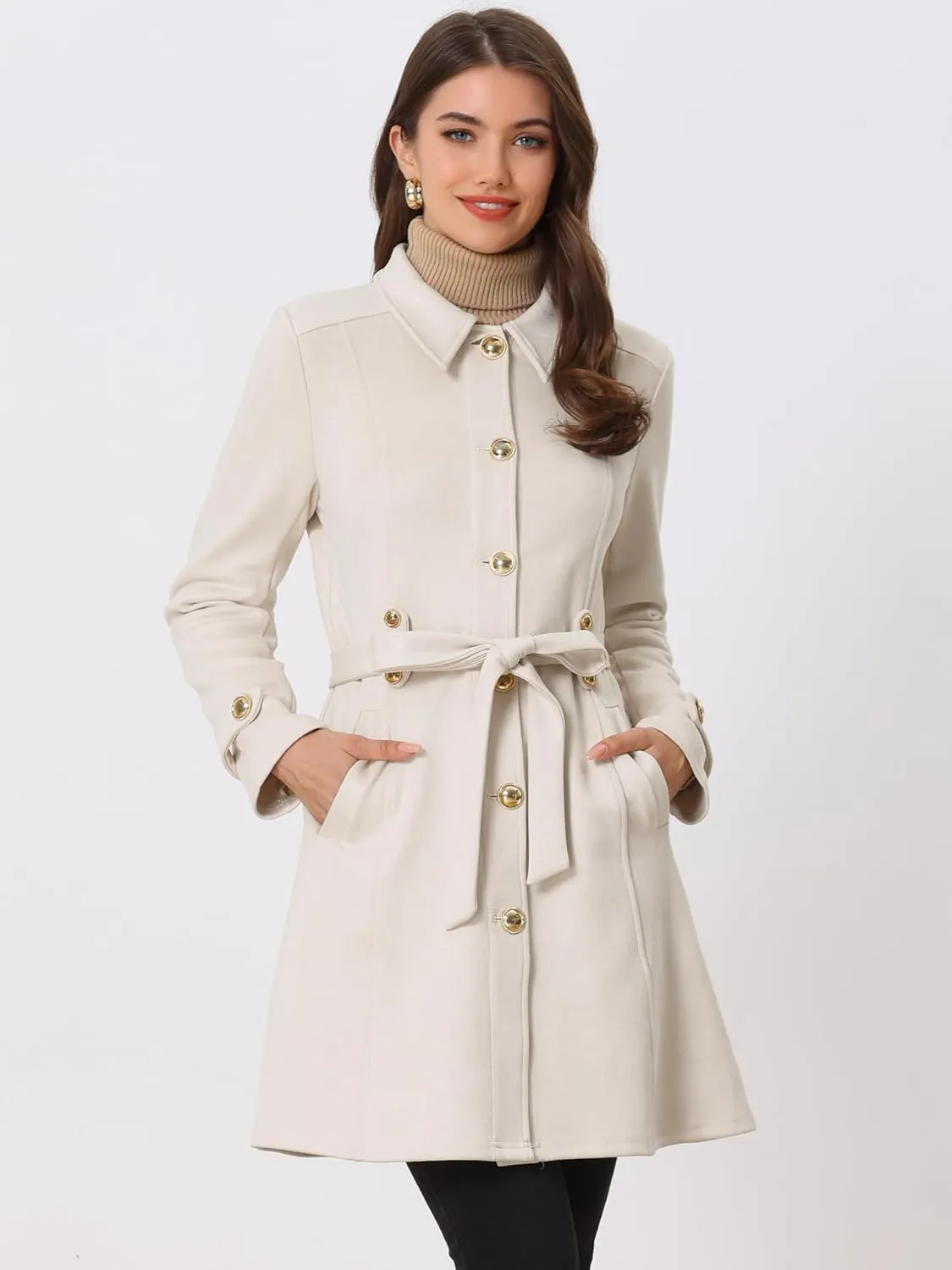 Allegra K Women's Faux Suede Coats Single Breasted Belted Vintage Fall Winter Trench Coat