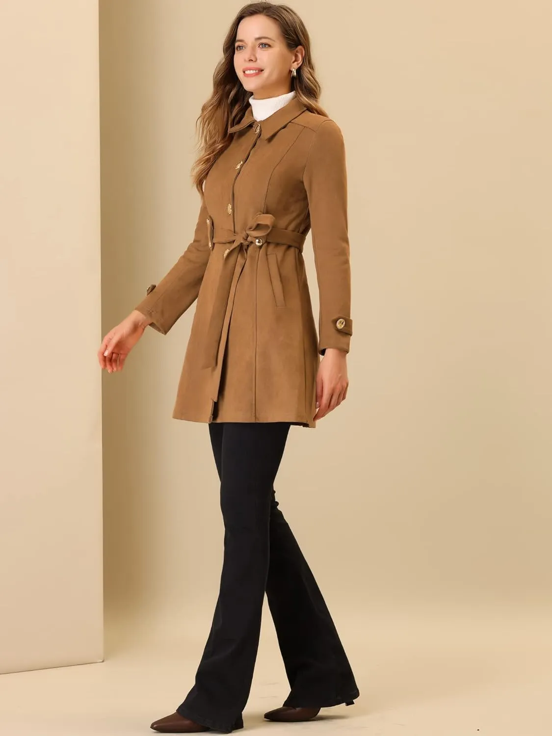 Allegra K Women's Faux Suede Coats Single Breasted Belted Vintage Fall Winter Trench Coat