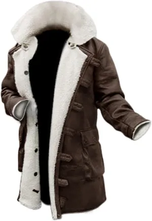 Bane Coat Dark Knight Mens Distressed Brown Fur Shearling Trench Leather Pea Coat Rises Jacket