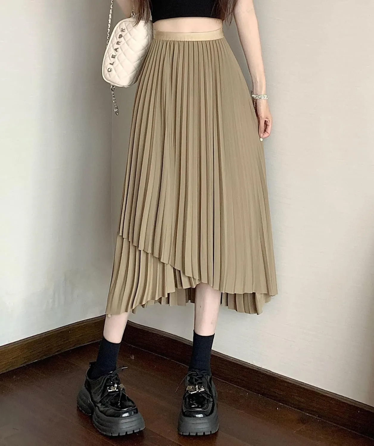 chouyatou Women's Asymmetrical Tulip Hem Party Dress Irregular Flowy Swing Accordion Pleated Midi Long Skirt