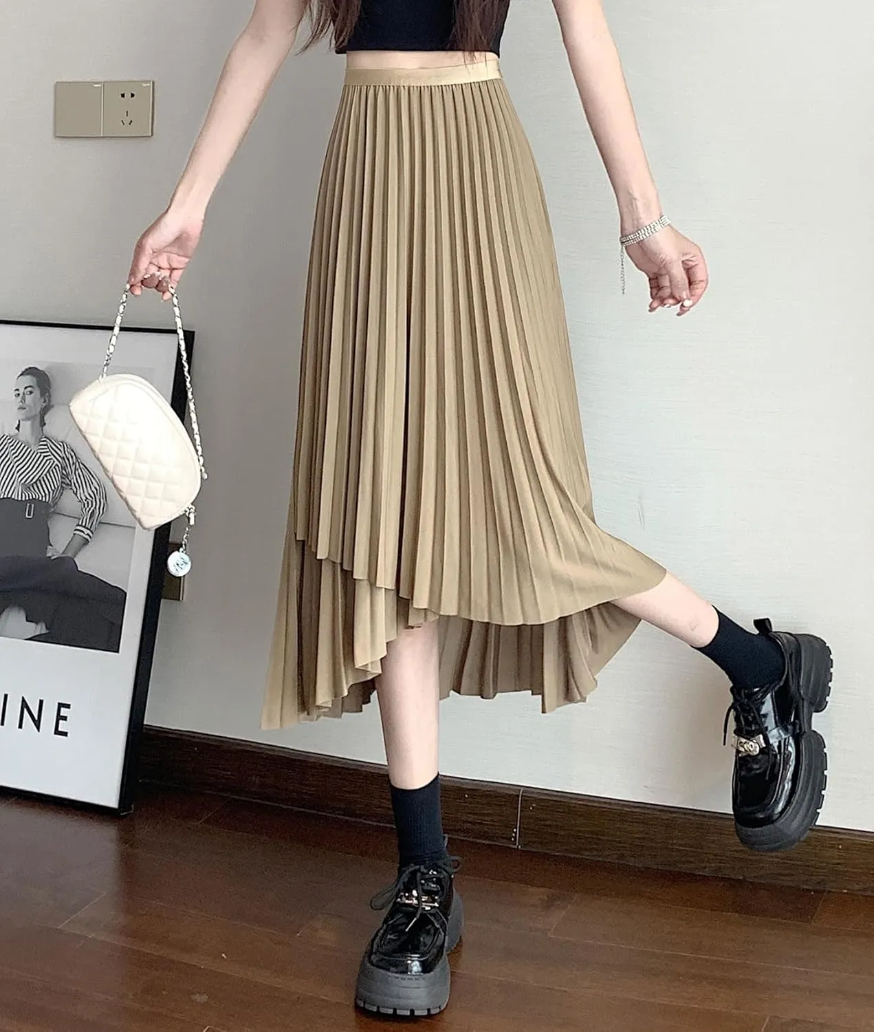 chouyatou Women's Asymmetrical Tulip Hem Party Dress Irregular Flowy Swing Accordion Pleated Midi Long Skirt