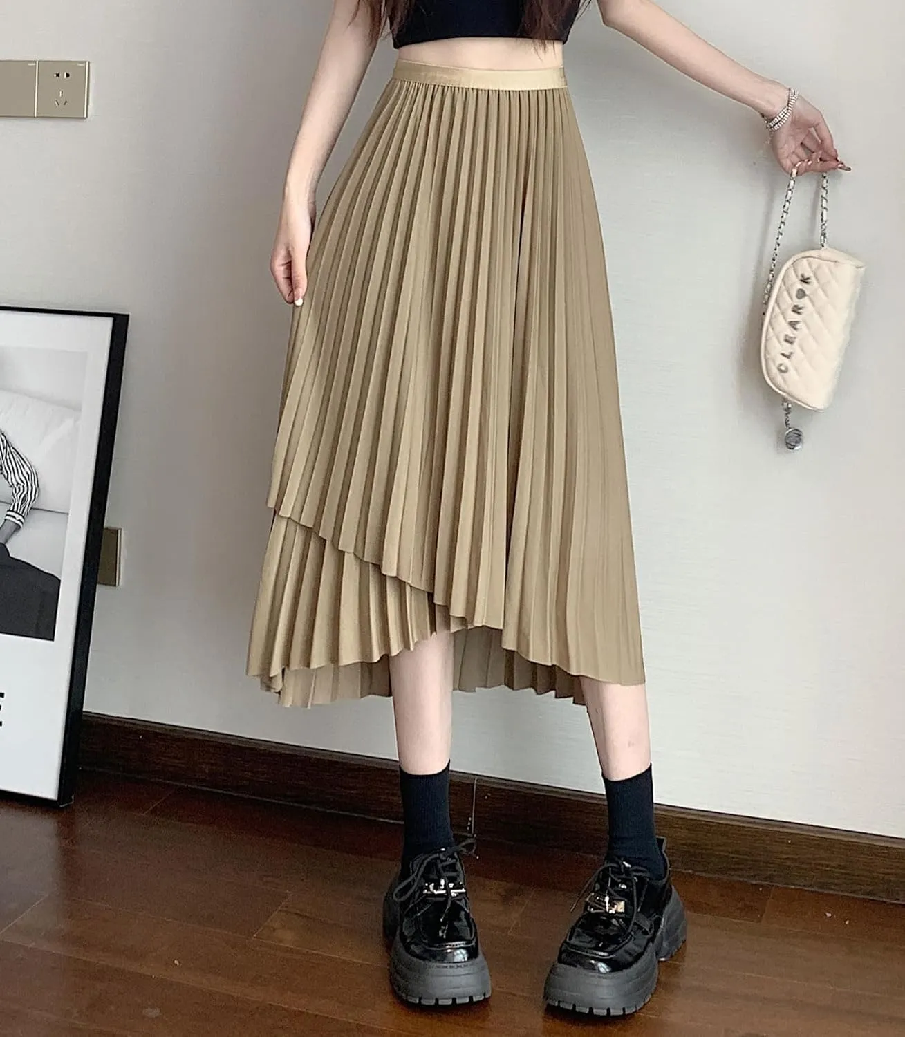 chouyatou Women's Asymmetrical Tulip Hem Party Dress Irregular Flowy Swing Accordion Pleated Midi Long Skirt