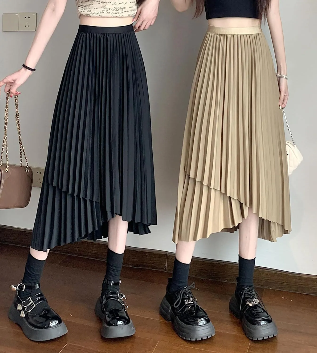 chouyatou Women's Asymmetrical Tulip Hem Party Dress Irregular Flowy Swing Accordion Pleated Midi Long Skirt