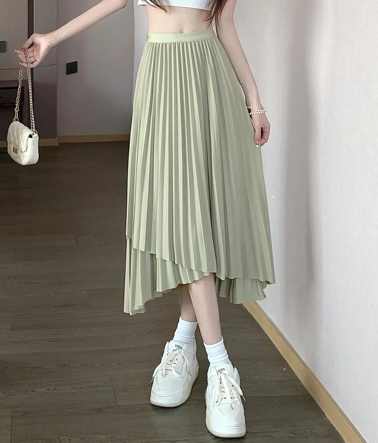 chouyatou Women's Asymmetrical Tulip Hem Party Dress Irregular Flowy Swing Accordion Pleated Midi Long Skirt