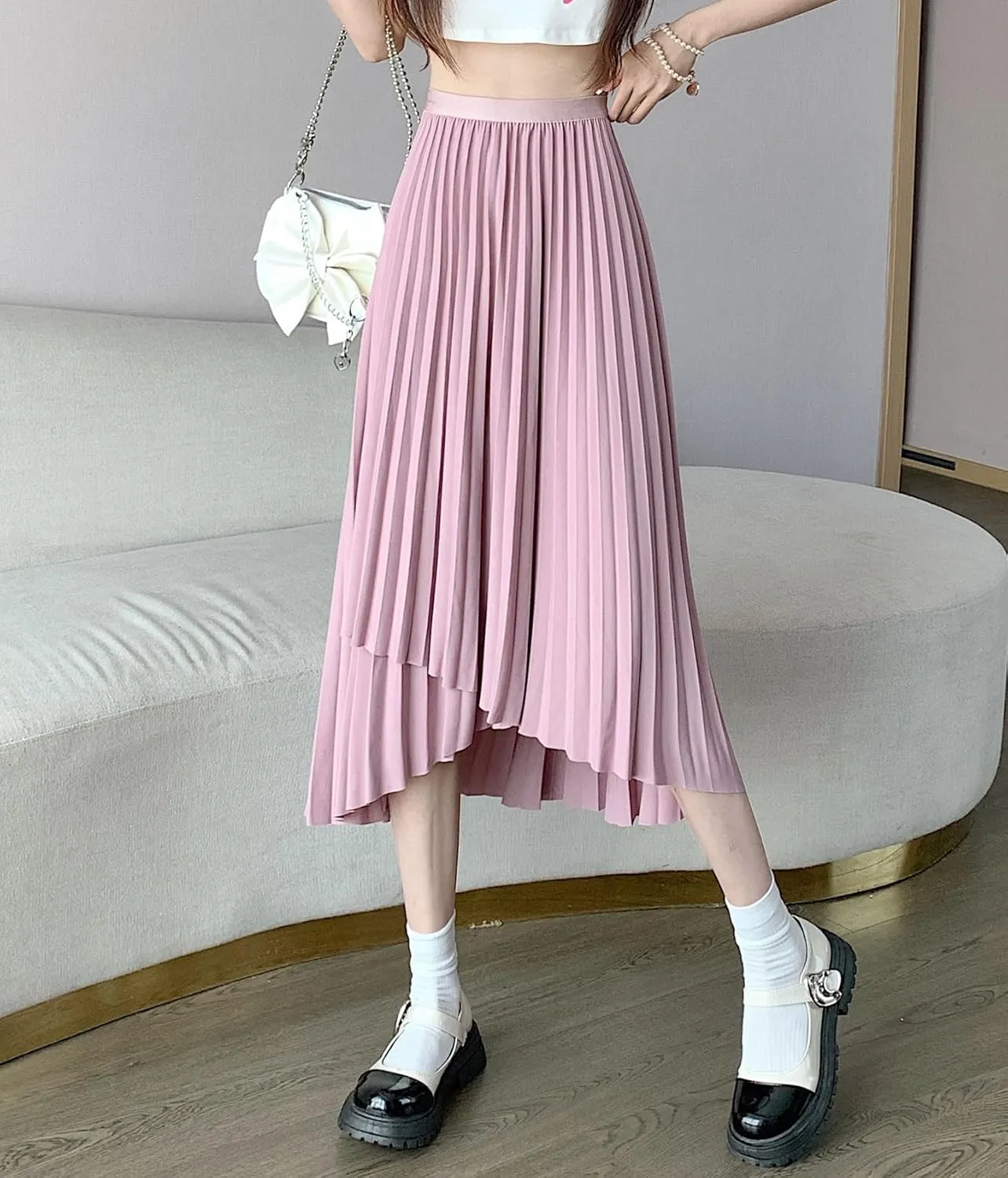 chouyatou Women's Asymmetrical Tulip Hem Party Dress Irregular Flowy Swing Accordion Pleated Midi Long Skirt