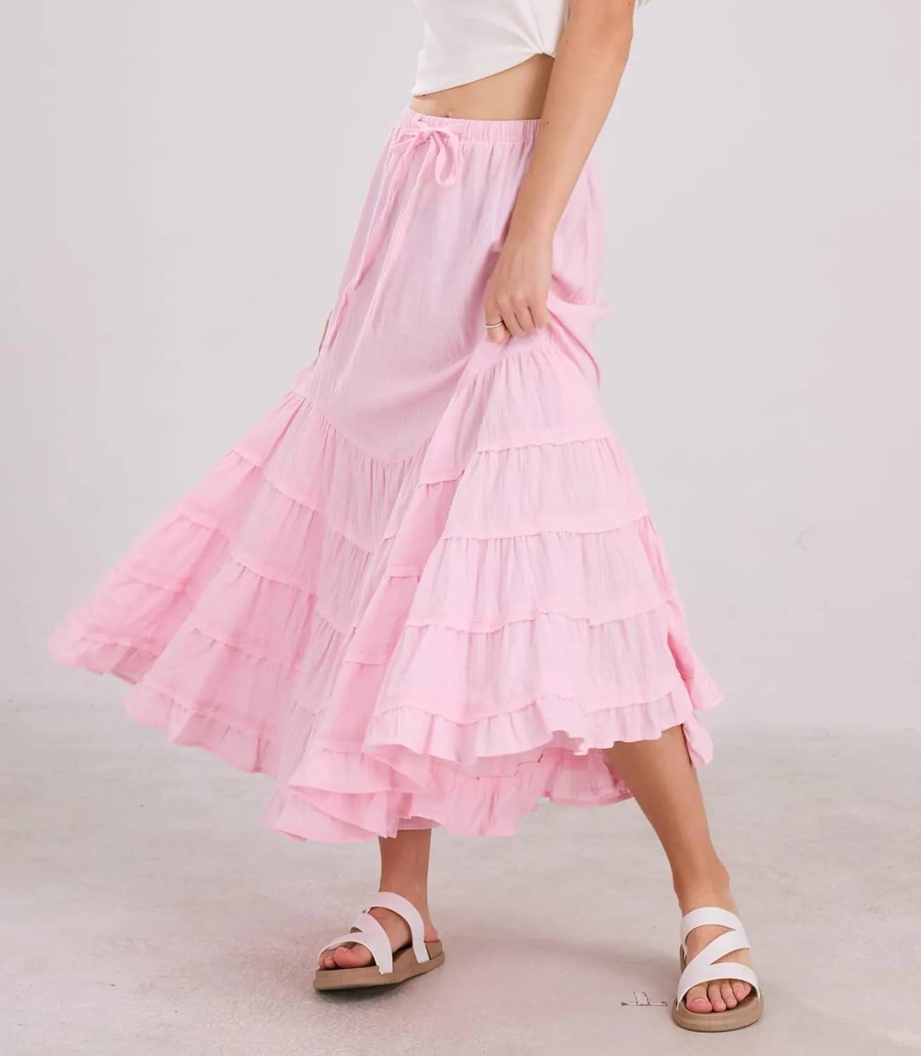 chouyatou Women's Boho Ruffle Swing Mermaid Maxi Skirt High Elastic Waist Tiered Beach Party Long Skirt