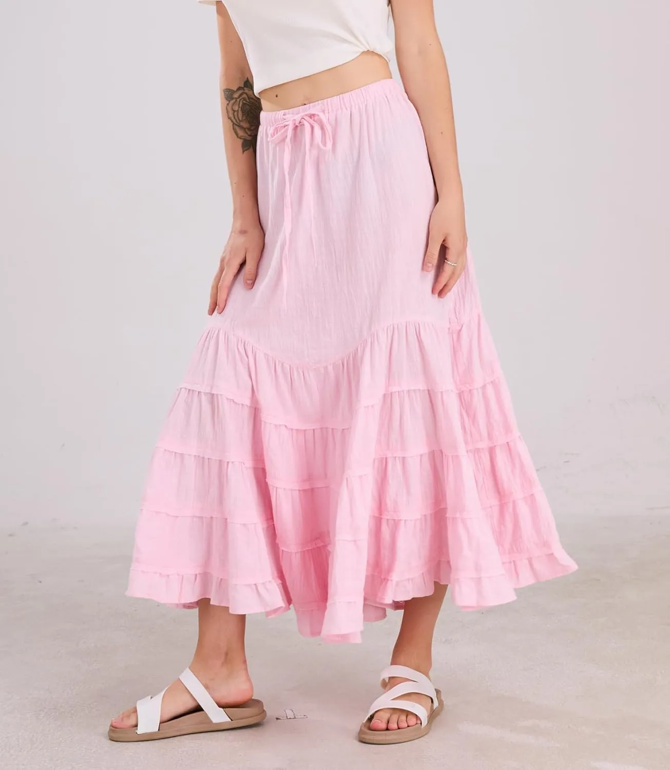 chouyatou Women's Boho Ruffle Swing Mermaid Maxi Skirt High Elastic Waist Tiered Beach Party Long Skirt