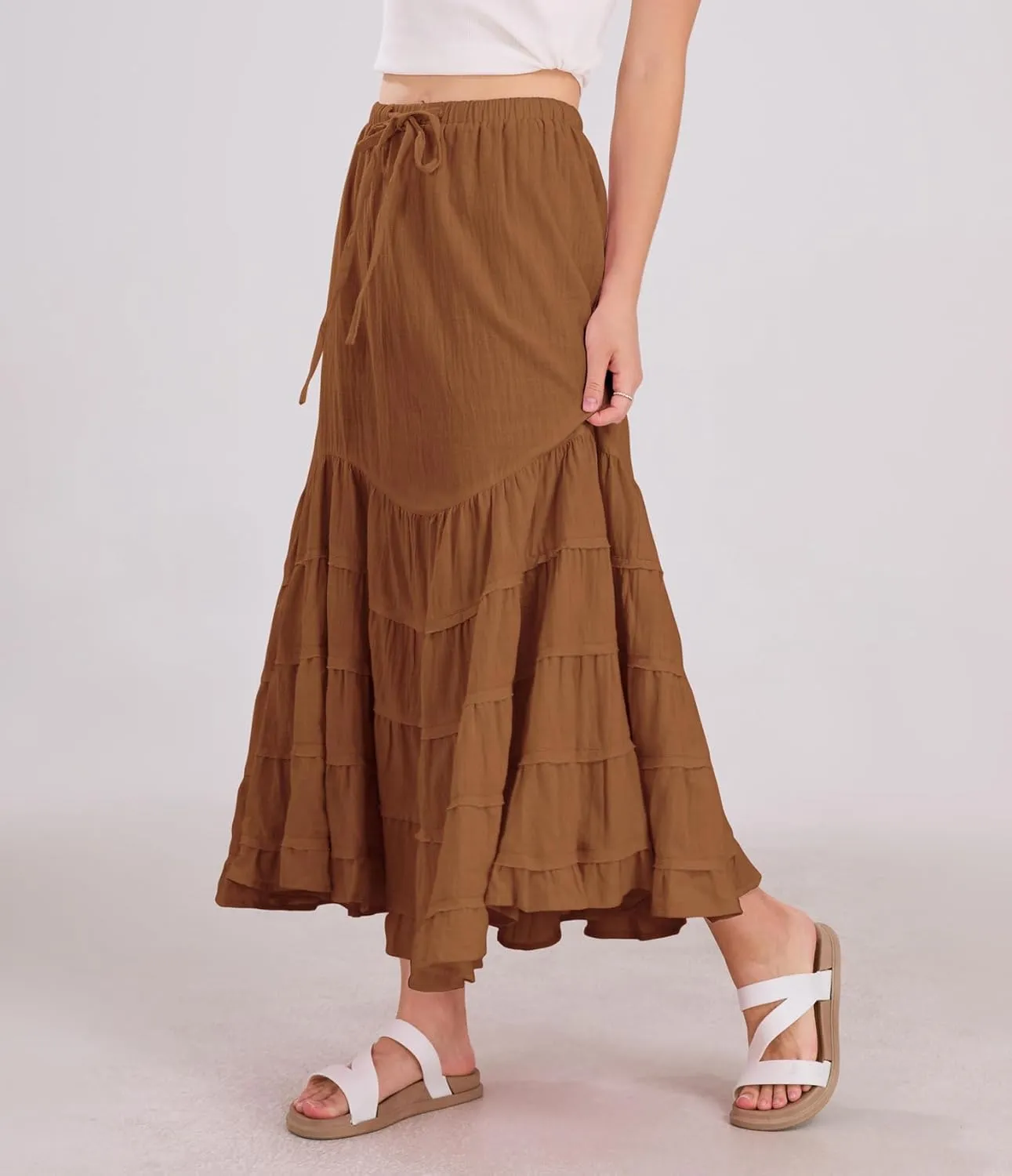 chouyatou Women's Boho Ruffle Swing Mermaid Maxi Skirt High Elastic Waist Tiered Beach Party Long Skirt
