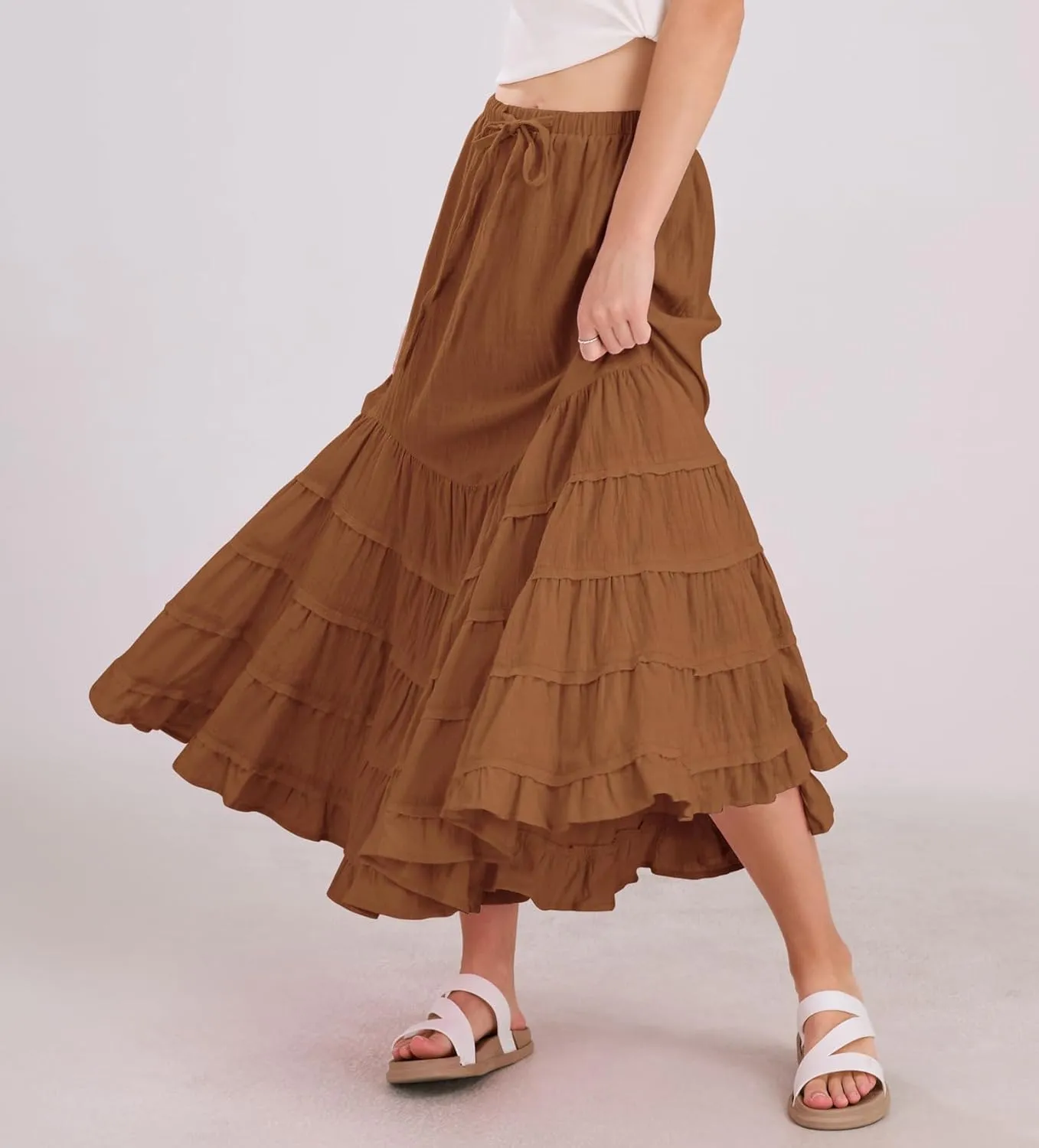 chouyatou Women's Boho Ruffle Swing Mermaid Maxi Skirt High Elastic Waist Tiered Beach Party Long Skirt