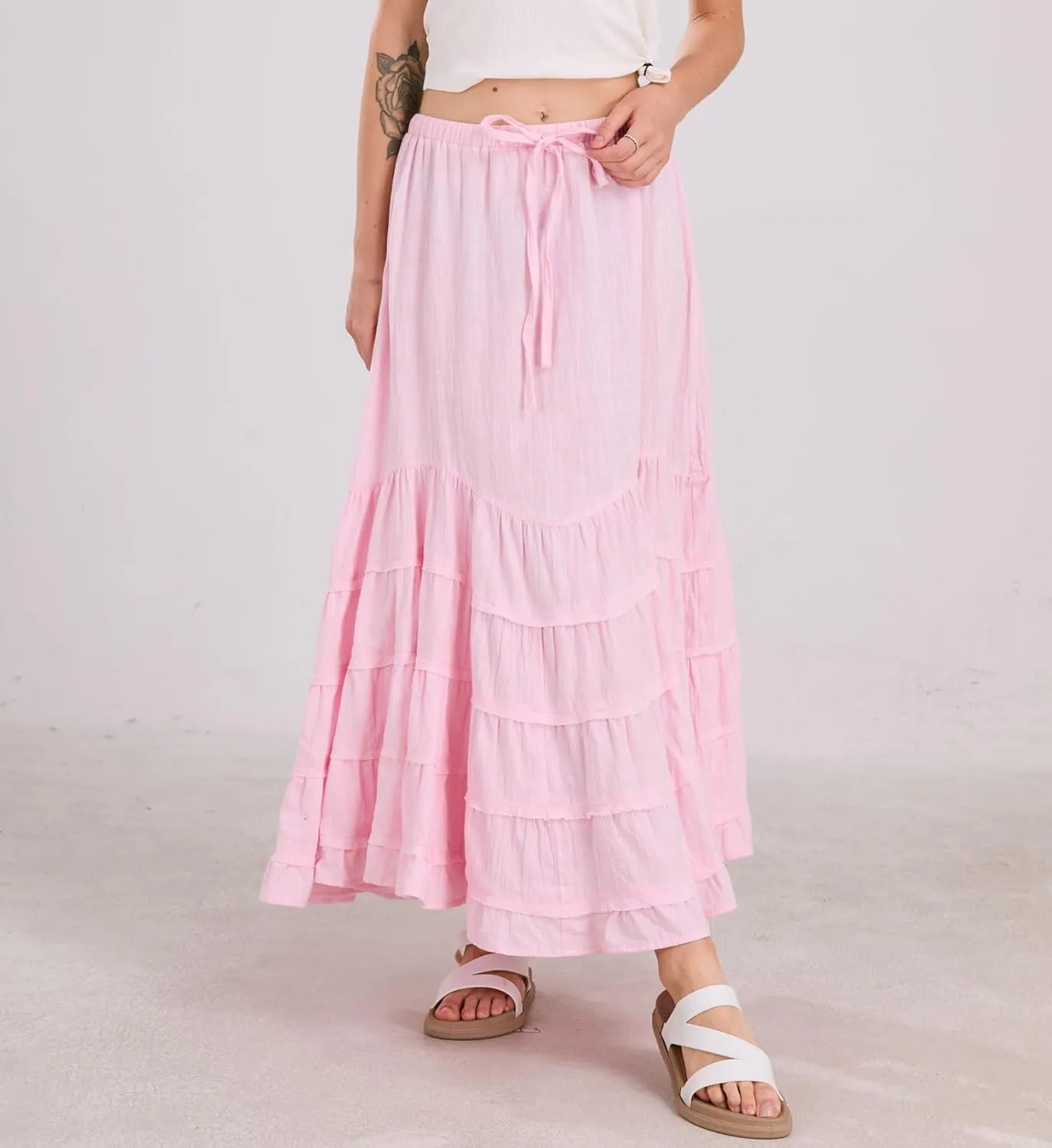 chouyatou Women's Boho Ruffle Swing Mermaid Maxi Skirt High Elastic Waist Tiered Beach Party Long Skirt