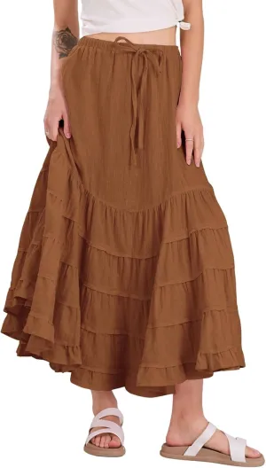 chouyatou Women's Boho Ruffle Swing Mermaid Maxi Skirt High Elastic Waist Tiered Beach Party Long Skirt