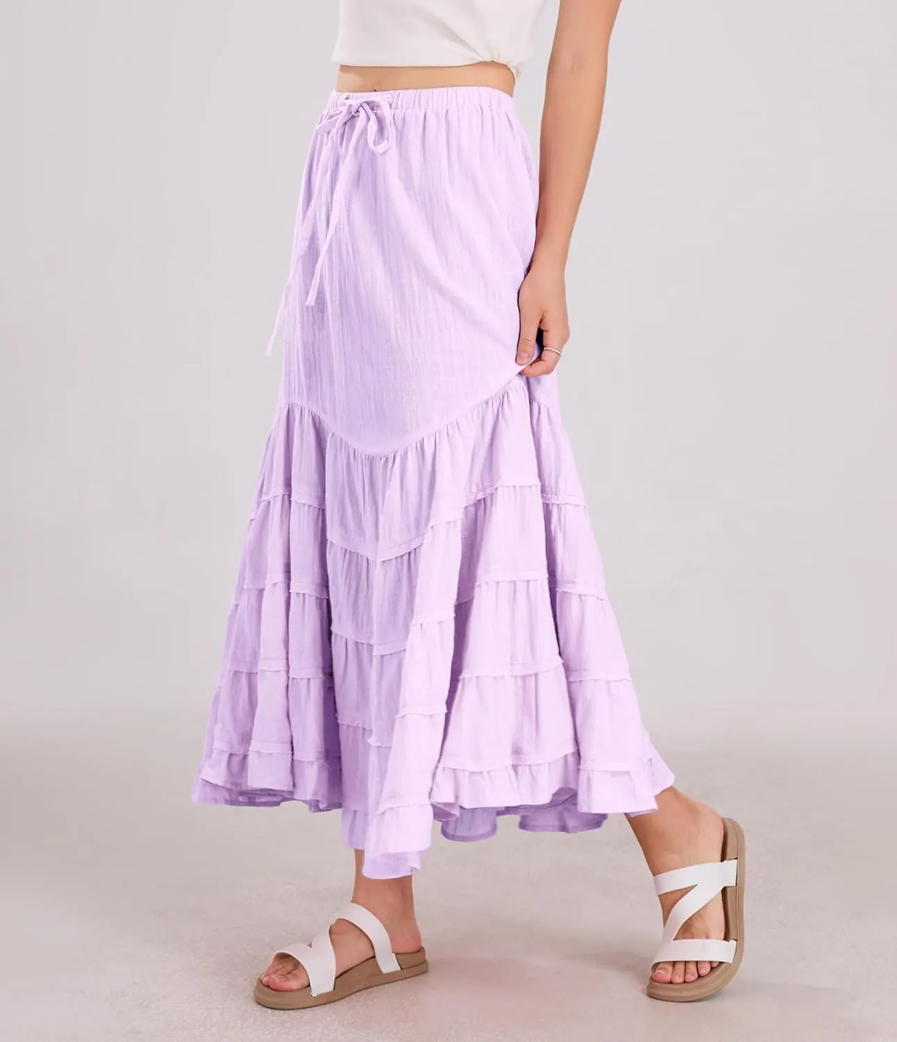 chouyatou Women's Boho Ruffle Swing Mermaid Maxi Skirt High Elastic Waist Tiered Beach Party Long Skirt