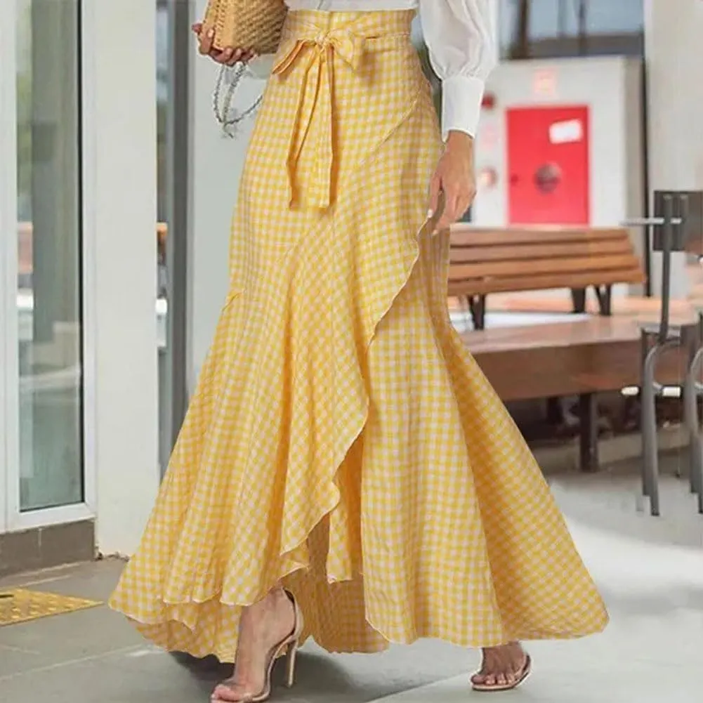 chouyatou Women's Casual Plaid Mermaid Maxi Skirt A Line Irregular Ruffle Hem Fishtail Long Skirt