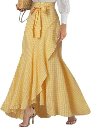 chouyatou Women's Casual Plaid Mermaid Maxi Skirt A Line Irregular Ruffle Hem Fishtail Long Skirt