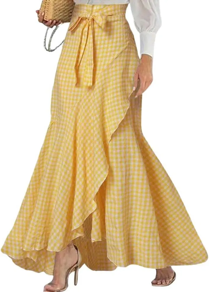 chouyatou Women's Casual Plaid Mermaid Maxi Skirt A Line Irregular Ruffle Hem Fishtail Long Skirt