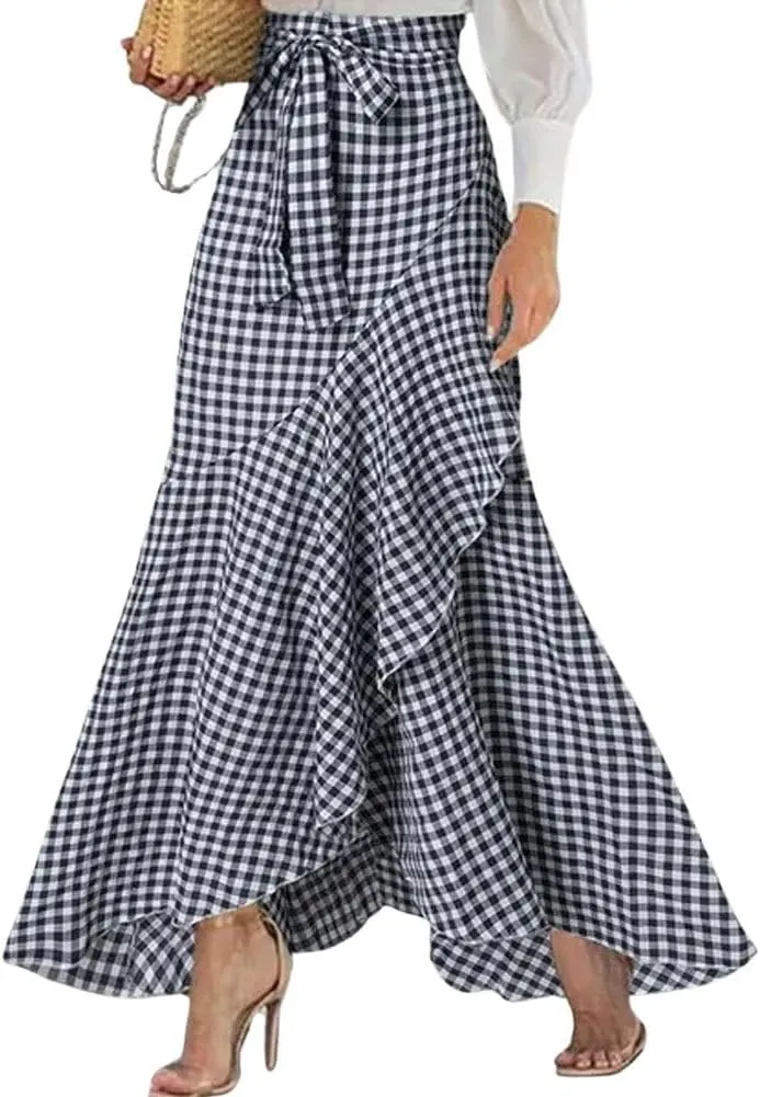 chouyatou Women's Casual Plaid Mermaid Maxi Skirt A Line Irregular Ruffle Hem Fishtail Long Skirt