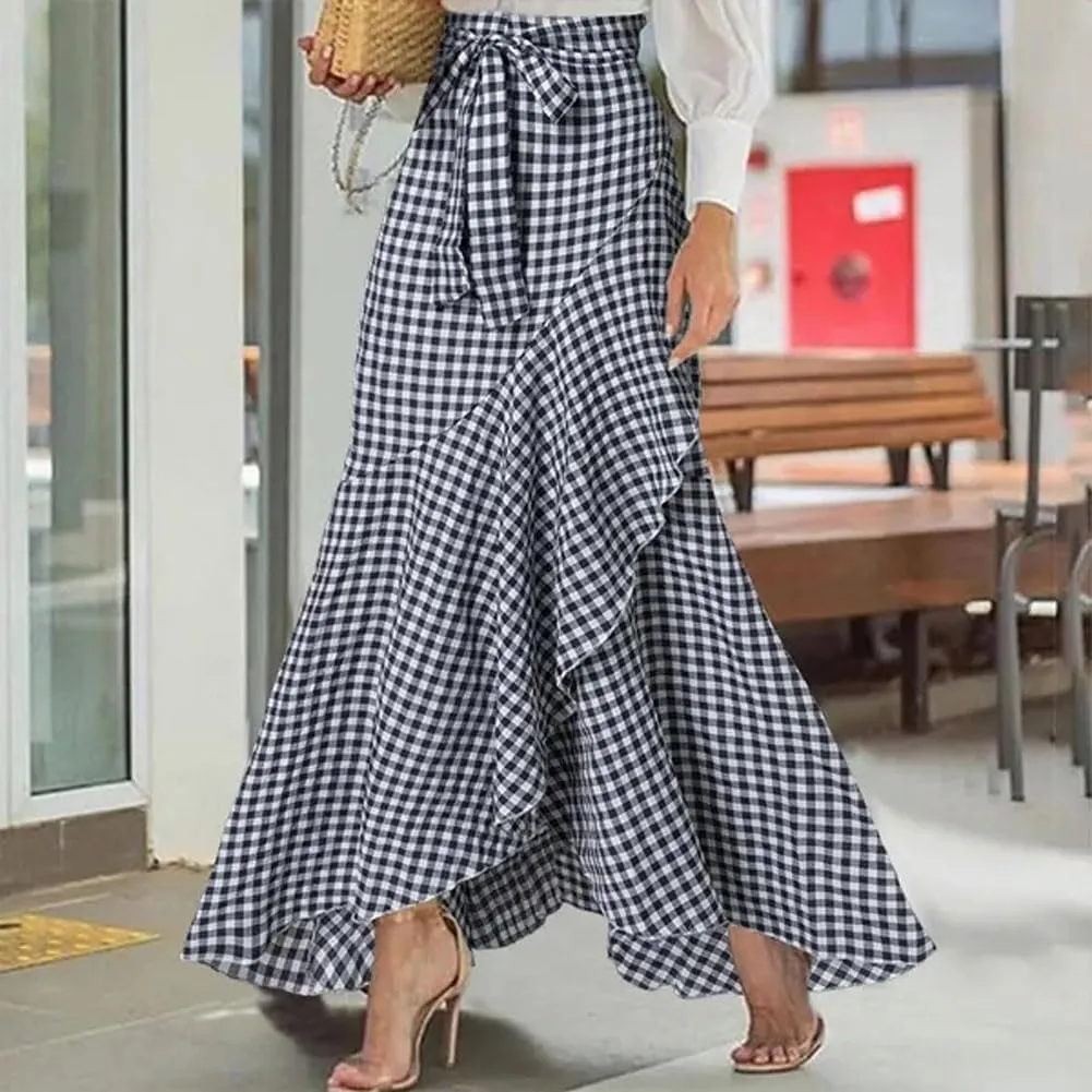 chouyatou Women's Casual Plaid Mermaid Maxi Skirt A Line Irregular Ruffle Hem Fishtail Long Skirt