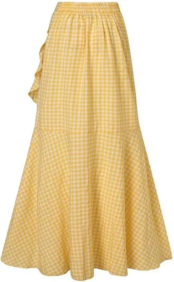 chouyatou Women's Casual Plaid Mermaid Maxi Skirt A Line Irregular Ruffle Hem Fishtail Long Skirt