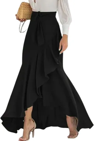 chouyatou Women's Casual Plaid Mermaid Maxi Skirt A Line Irregular Ruffle Hem Fishtail Long Skirt
