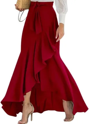 chouyatou Women's Casual Plaid Mermaid Maxi Skirt A Line Irregular Ruffle Hem Fishtail Long Skirt