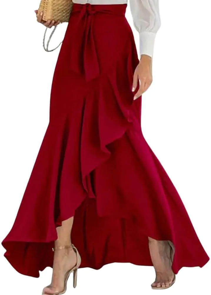 chouyatou Women's Casual Plaid Mermaid Maxi Skirt A Line Irregular Ruffle Hem Fishtail Long Skirt