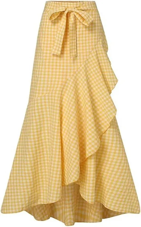 chouyatou Women's Casual Plaid Mermaid Maxi Skirt A Line Irregular Ruffle Hem Fishtail Long Skirt