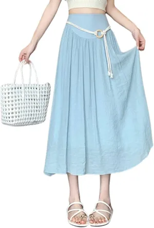 chouyatou Women's High Elastic Waist Swing Skirt Flowy Pleated Cotton Linen Midi Long Skirt with Belt