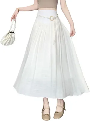 chouyatou Women's High Elastic Waist Swing Skirt Flowy Pleated Cotton Linen Midi Long Skirt with Belt