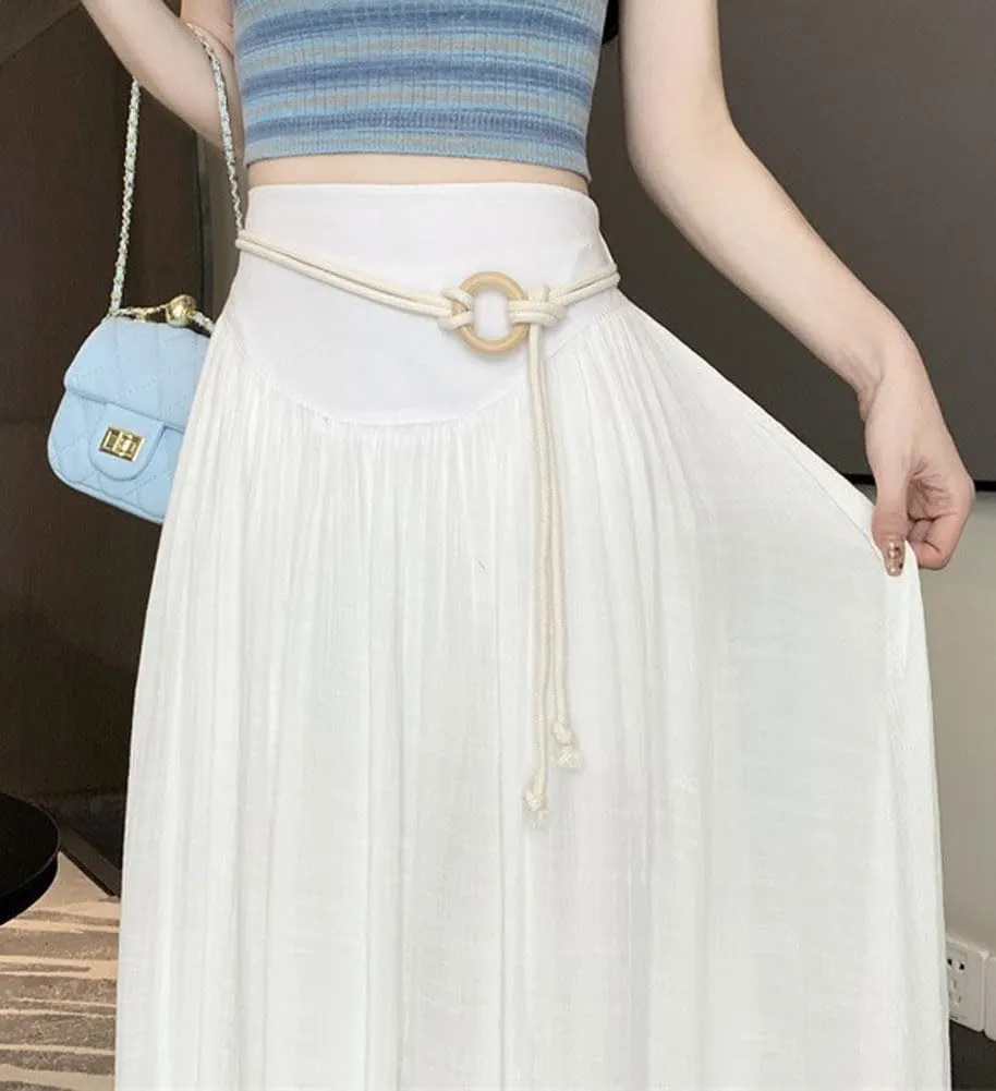chouyatou Women's High Elastic Waist Swing Skirt Flowy Pleated Cotton Linen Midi Long Skirt with Belt