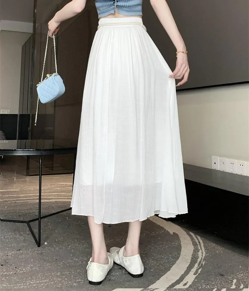 chouyatou Women's High Elastic Waist Swing Skirt Flowy Pleated Cotton Linen Midi Long Skirt with Belt