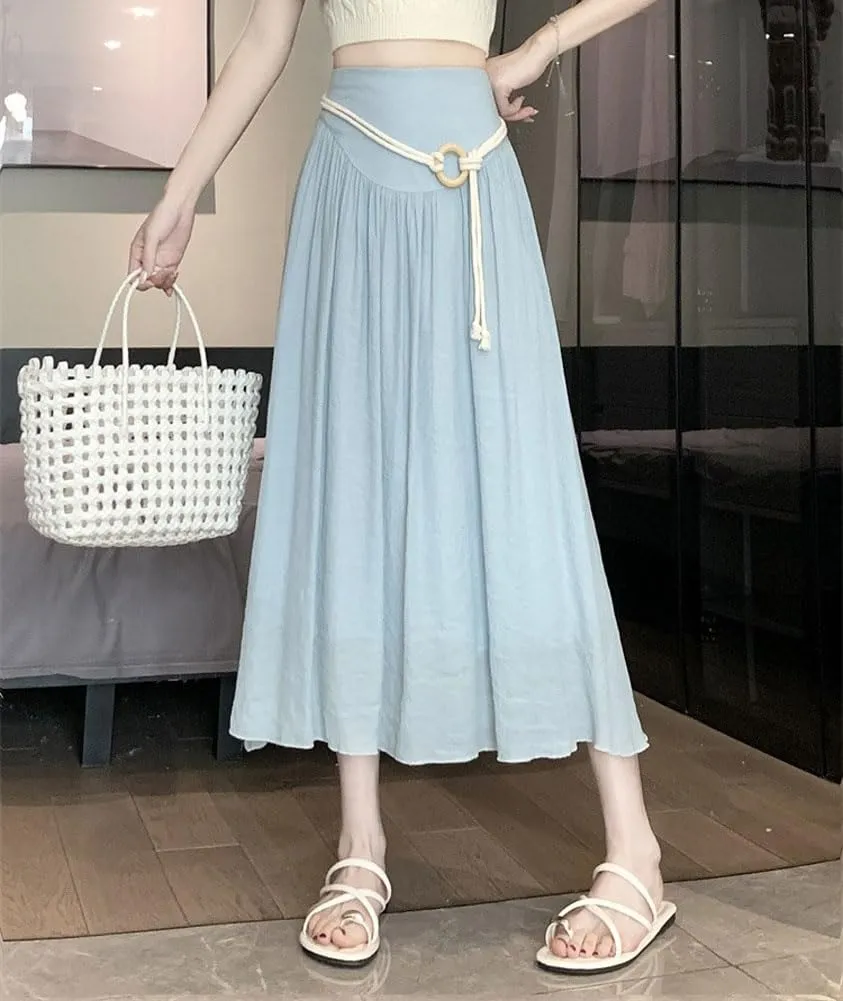 chouyatou Women's High Elastic Waist Swing Skirt Flowy Pleated Cotton Linen Midi Long Skirt with Belt