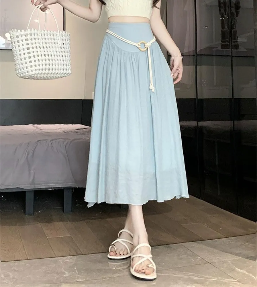 chouyatou Women's High Elastic Waist Swing Skirt Flowy Pleated Cotton Linen Midi Long Skirt with Belt