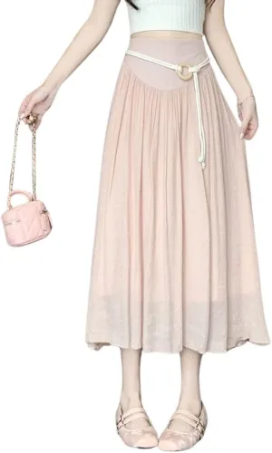 chouyatou Women's High Elastic Waist Swing Skirt Flowy Pleated Cotton Linen Midi Long Skirt with Belt