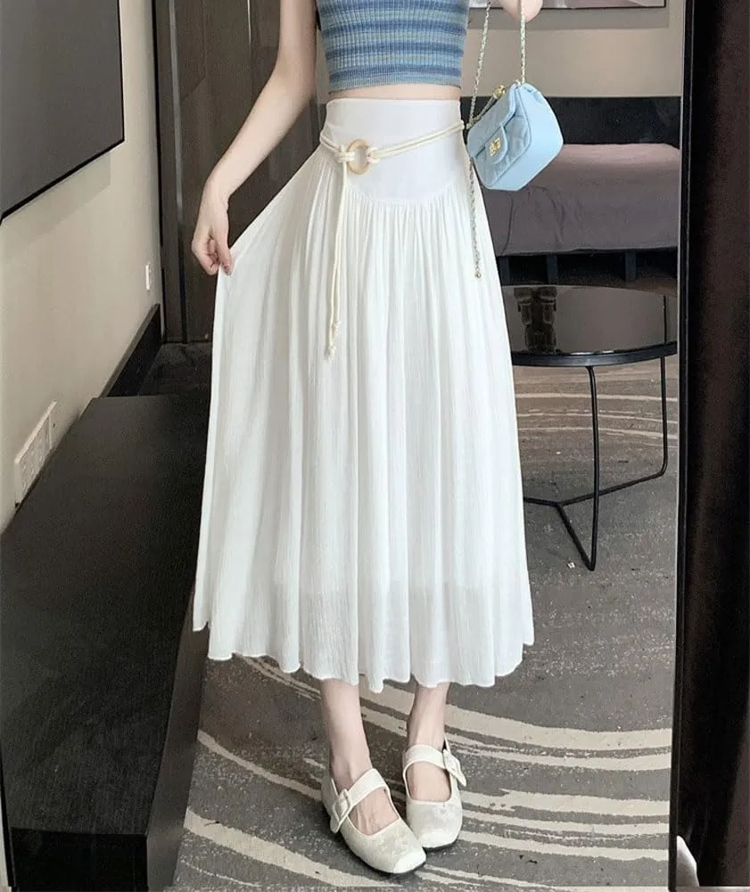 chouyatou Women's High Elastic Waist Swing Skirt Flowy Pleated Cotton Linen Midi Long Skirt with Belt