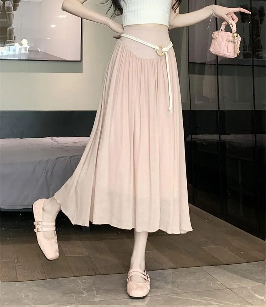 chouyatou Women's High Elastic Waist Swing Skirt Flowy Pleated Cotton Linen Midi Long Skirt with Belt