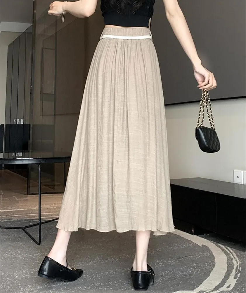chouyatou Women's High Elastic Waist Swing Skirt Flowy Pleated Cotton Linen Midi Long Skirt with Belt