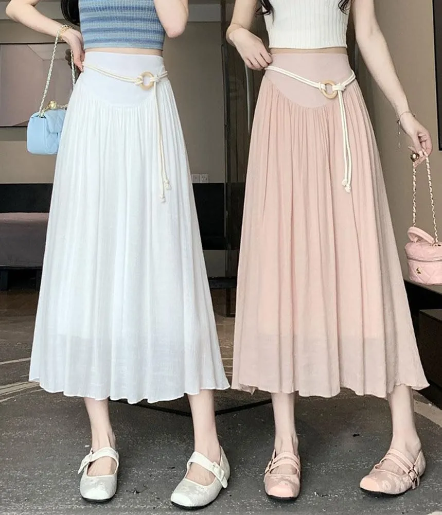 chouyatou Women's High Elastic Waist Swing Skirt Flowy Pleated Cotton Linen Midi Long Skirt with Belt