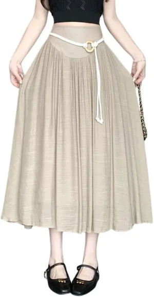 chouyatou Women's High Elastic Waist Swing Skirt Flowy Pleated Cotton Linen Midi Long Skirt with Belt