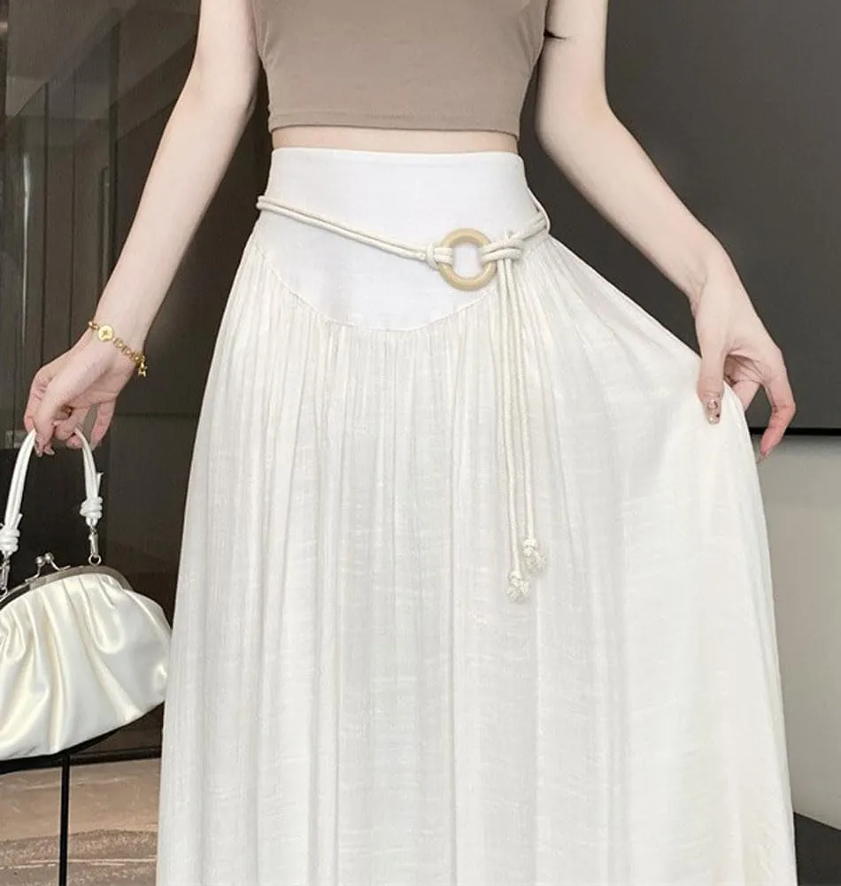 chouyatou Women's High Elastic Waist Swing Skirt Flowy Pleated Cotton Linen Midi Long Skirt with Belt
