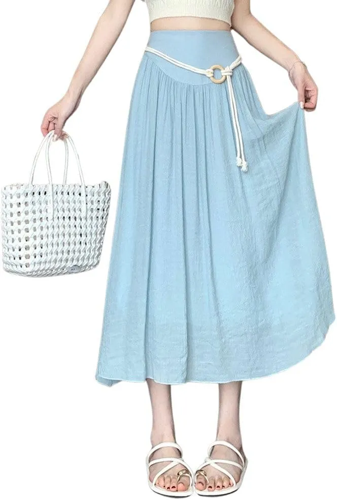 chouyatou Women's High Elastic Waist Swing Skirt Flowy Pleated Cotton Linen Midi Long Skirt with Belt