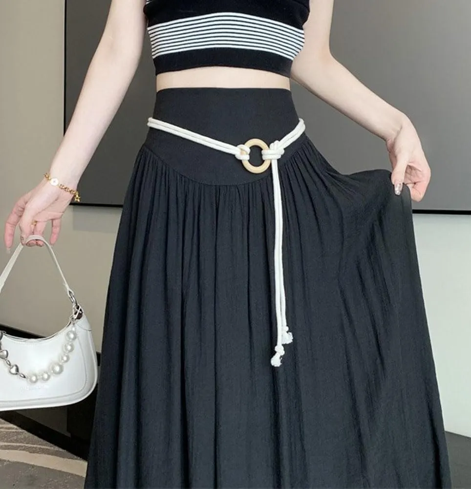 chouyatou Women's High Elastic Waist Swing Skirt Flowy Pleated Cotton Linen Midi Long Skirt with Belt