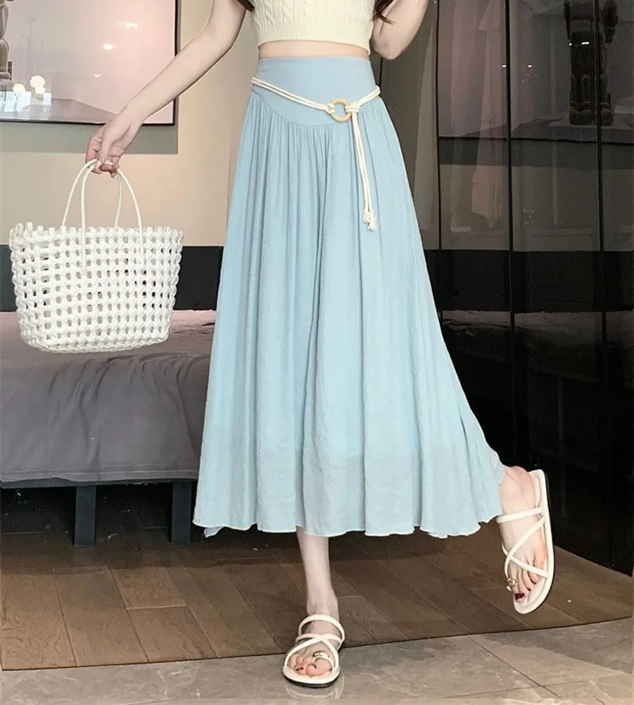 chouyatou Women's High Elastic Waist Swing Skirt Flowy Pleated Cotton Linen Midi Long Skirt with Belt
