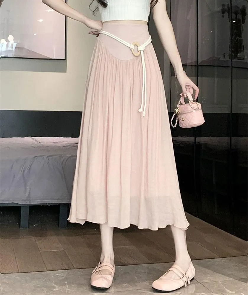 chouyatou Women's High Elastic Waist Swing Skirt Flowy Pleated Cotton Linen Midi Long Skirt with Belt