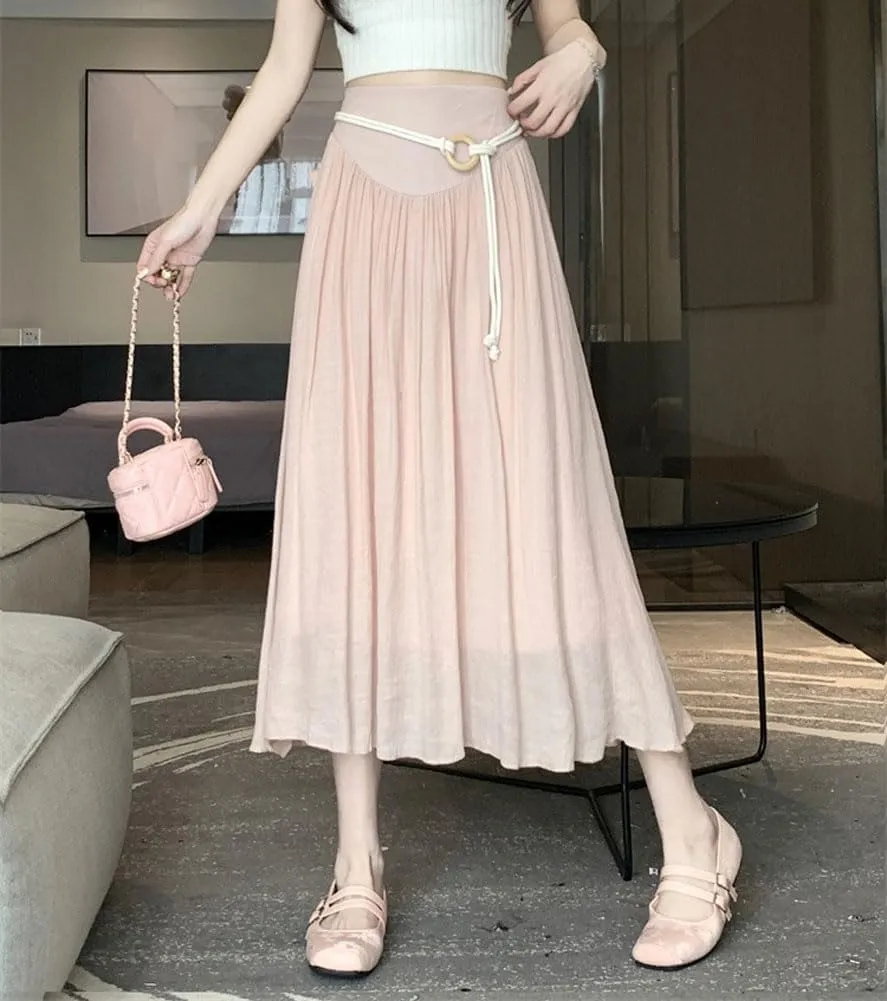 chouyatou Women's High Elastic Waist Swing Skirt Flowy Pleated Cotton Linen Midi Long Skirt with Belt