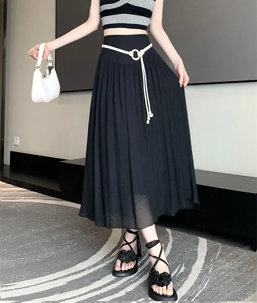 chouyatou Women's High Elastic Waist Swing Skirt Flowy Pleated Cotton Linen Midi Long Skirt with Belt