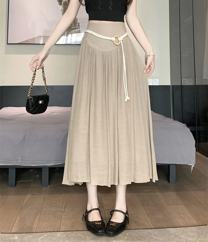 chouyatou Women's High Elastic Waist Swing Skirt Flowy Pleated Cotton Linen Midi Long Skirt with Belt